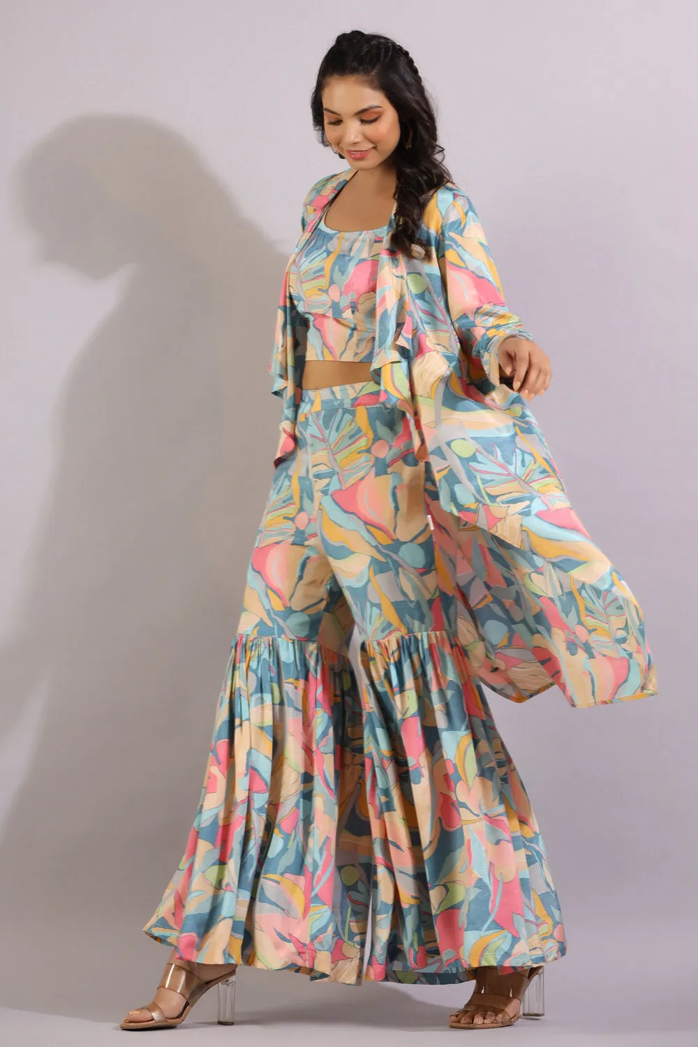 Abstract Art on Blue Three Piece Silk Co-ord Set