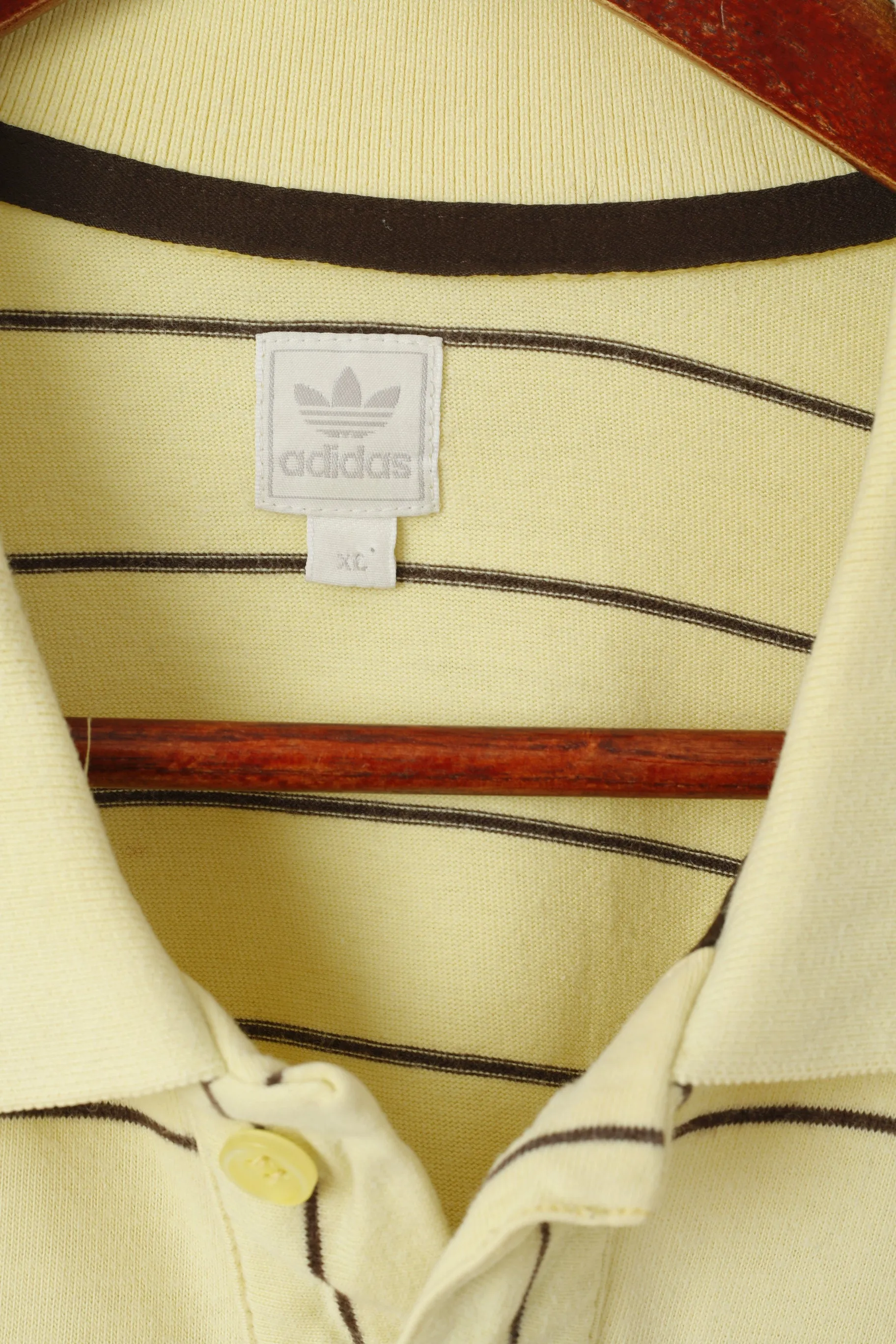 Adidas Men XL Polo Shirt Yellow Retro Cotton Striped Detailed Buttons Stretch Top