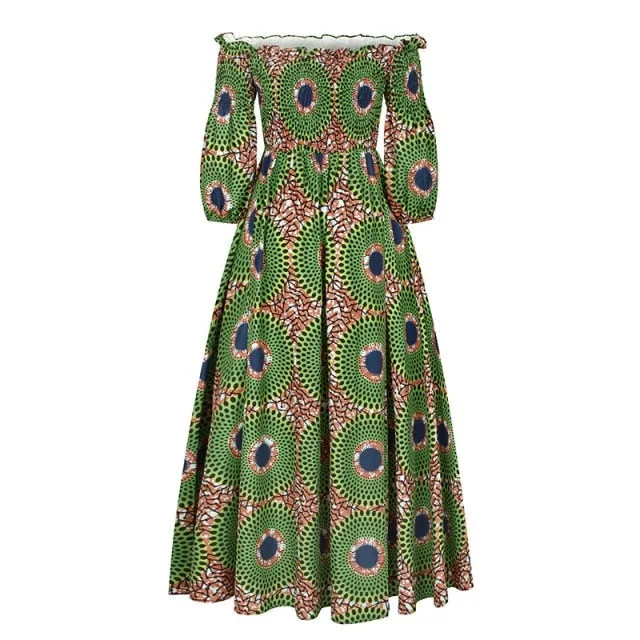 African Dresses for Women Fashion Floral Print Slash Neck Three Quarter Sleeve Maxi Dress High Waist Vintage Long Dress Autumn