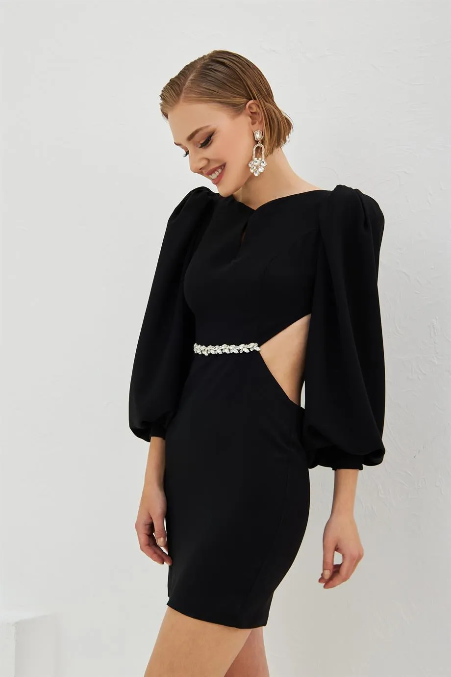 Angelino Black Crepe Stone Balloon Sleeze Short Evening Dress