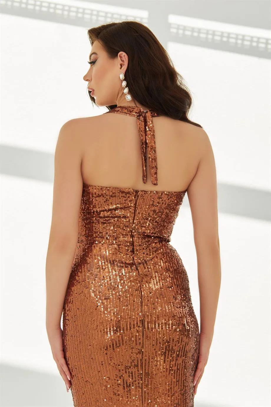 Angelino Copper Sequined Mid-cut Long Evening Dress