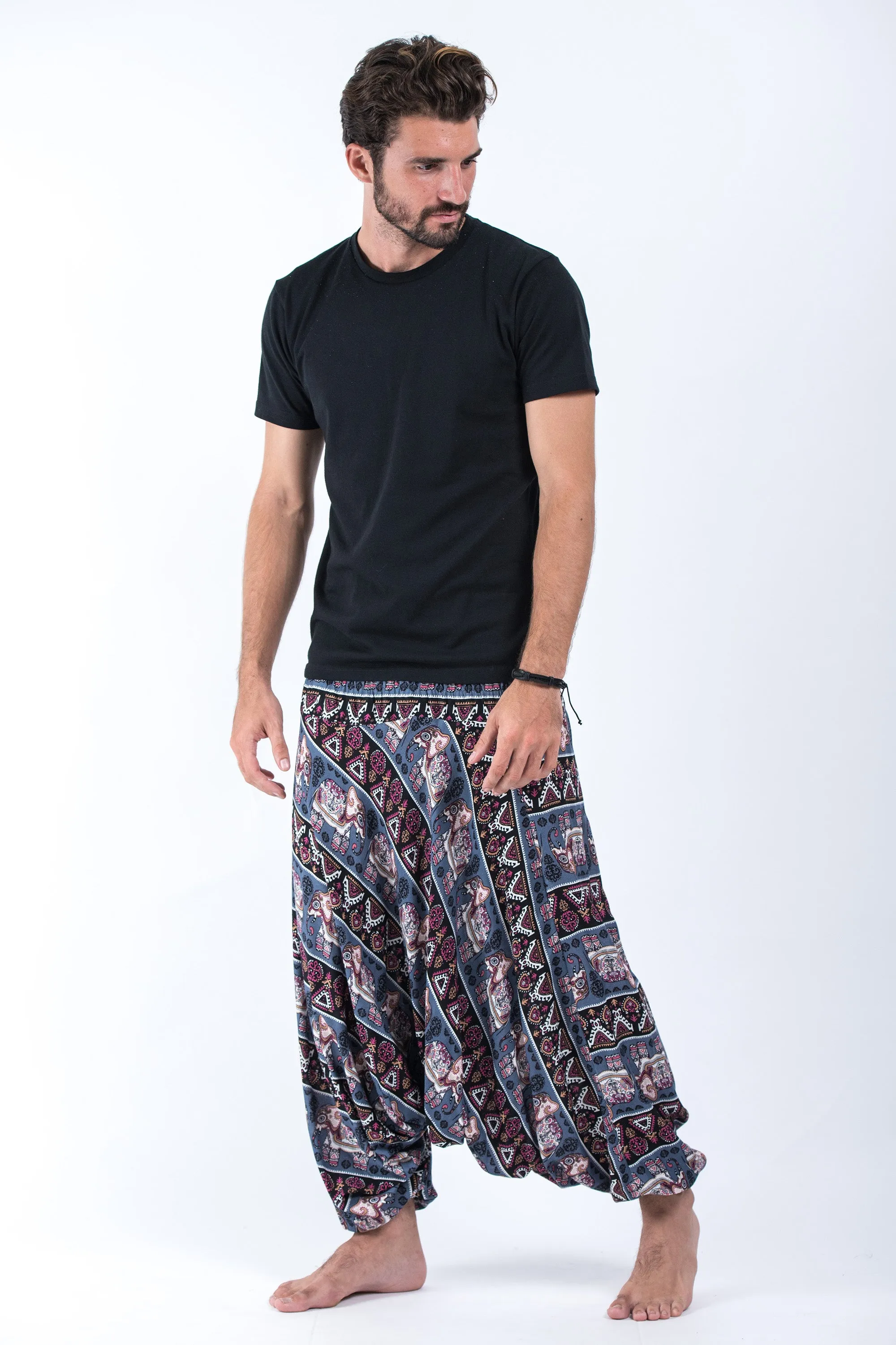 Aztec Elephant Drop Crotch Men's Elephant Pants in Gray