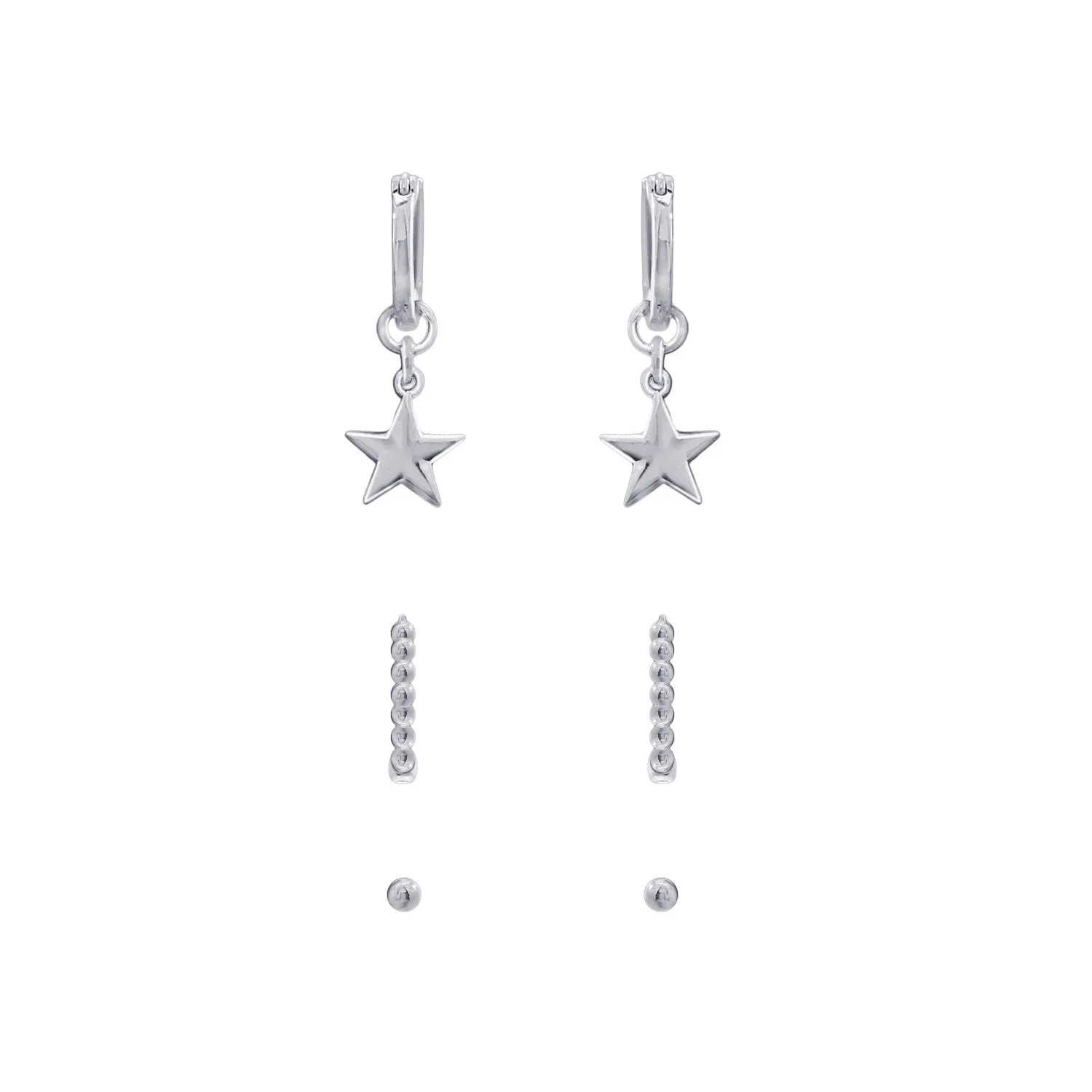 Ball Studs, Star Dangle and Ball Hoop Earrings Set