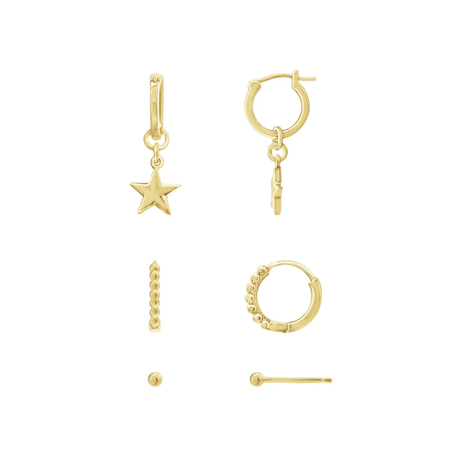 Ball Studs, Star Dangle and Ball Hoop Earrings Set