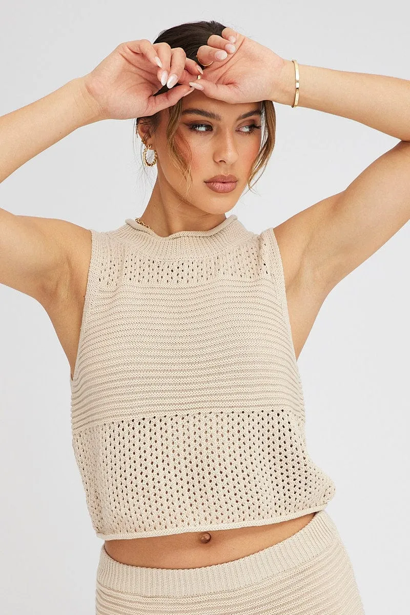 Beige Crochet Knit Tank Top