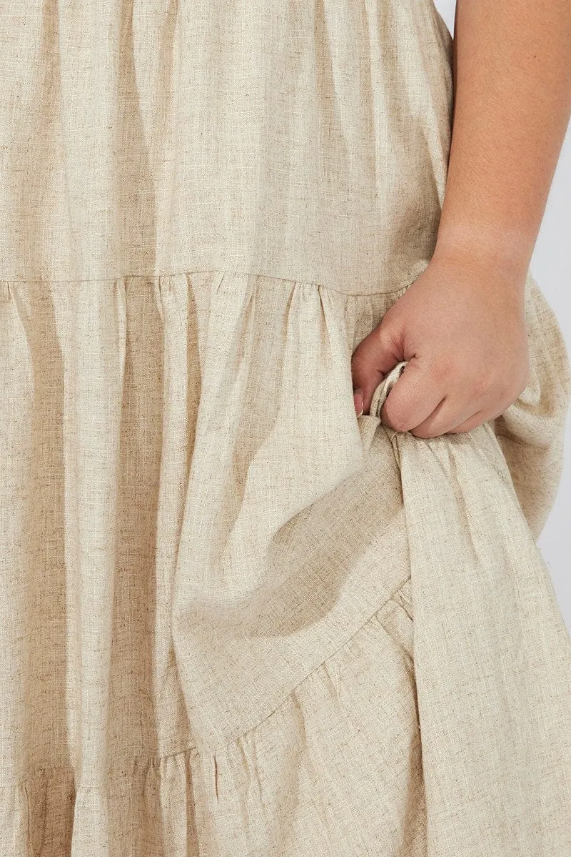 Beige Midi Dress Short Sleeve Tiered Linen Blend