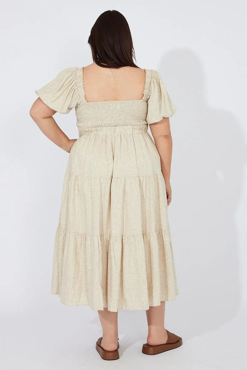 Beige Midi Dress Short Sleeve Tiered Linen Blend