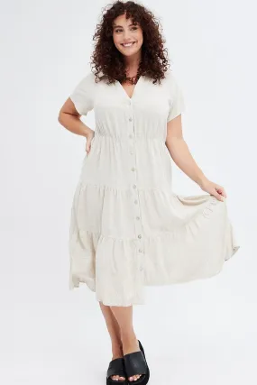 Beige Shirtdress Midi Button Linen Blend Short Sleeve