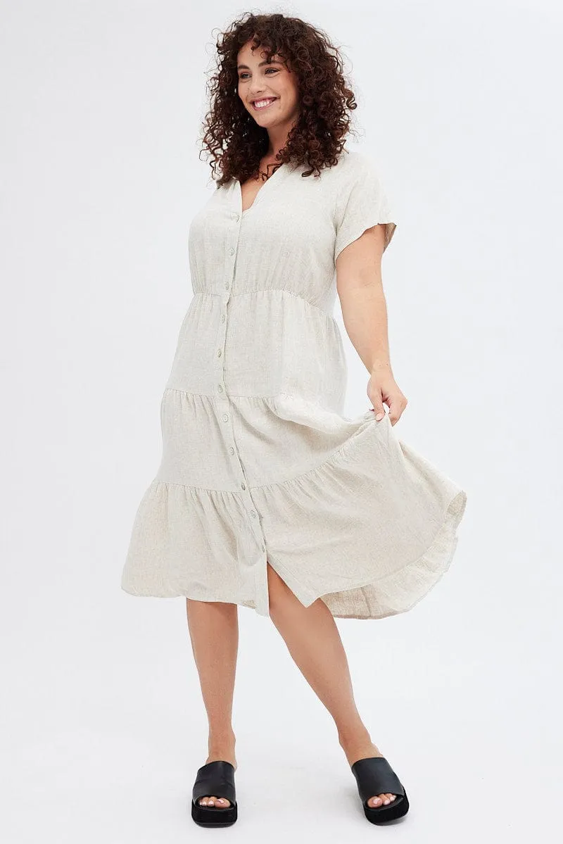 Beige Shirtdress Midi Button Linen Blend Short Sleeve