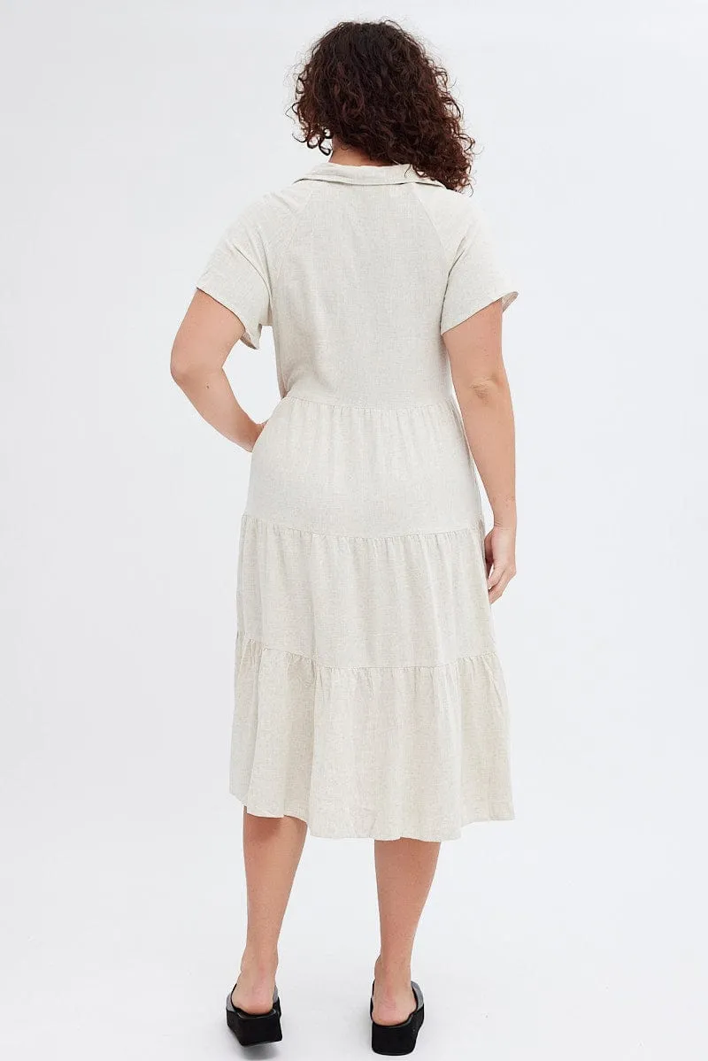 Beige Shirtdress Midi Button Linen Blend Short Sleeve