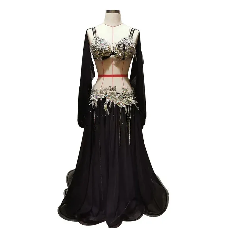 Belly Dance Suit Diamond-Studded Bra Split Big Swing Skirt Performance Clothes Set Female Adult High-End Competition Clothing