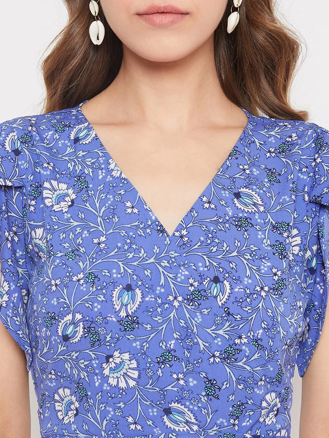 Berrylush Women Blue Floral Printed V-Neck Waist Tie-Up Mini Dress