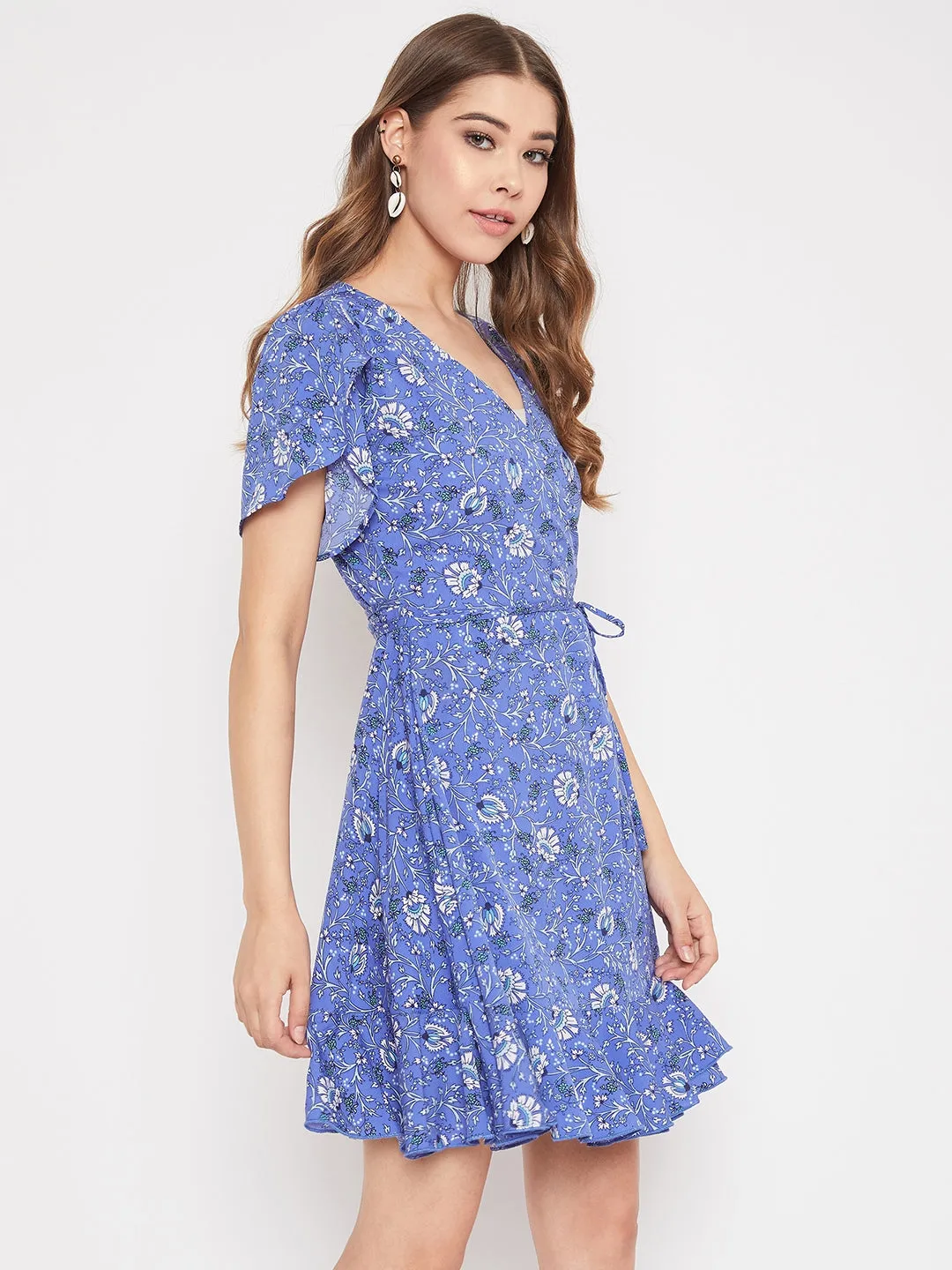 Berrylush Women Blue Floral Printed V-Neck Waist Tie-Up Mini Dress