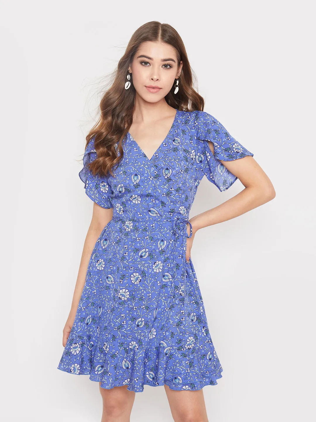 Berrylush Women Blue Floral Printed V-Neck Waist Tie-Up Mini Dress