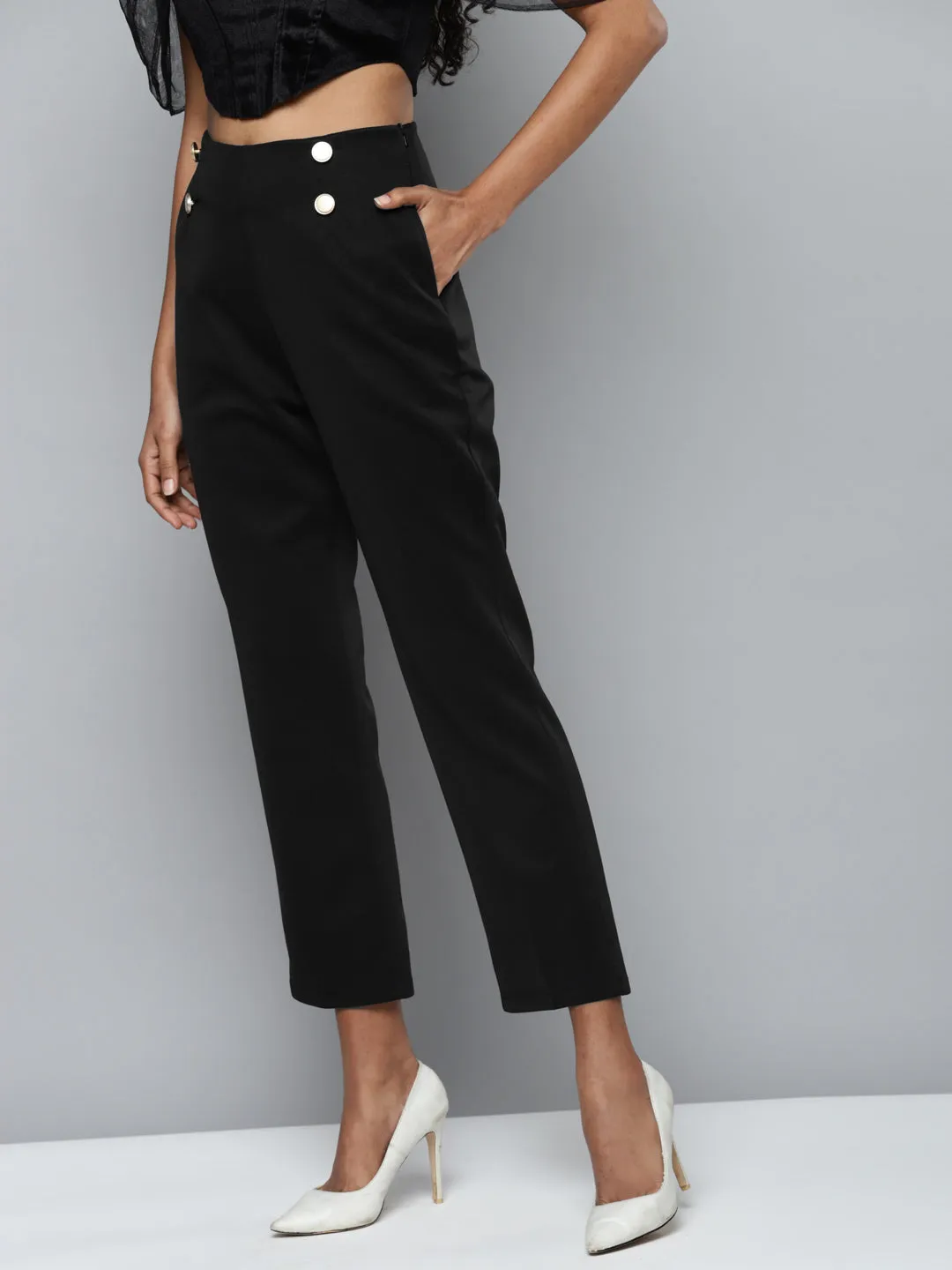 Black Scuba Front Button Tapered Pants