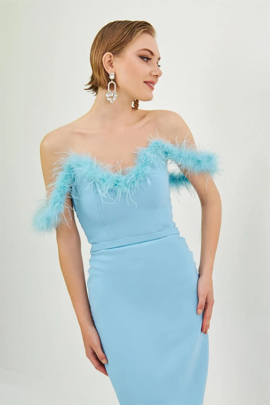 Blue Crepe Collar Feathered Midi Promise and Wedding Dress