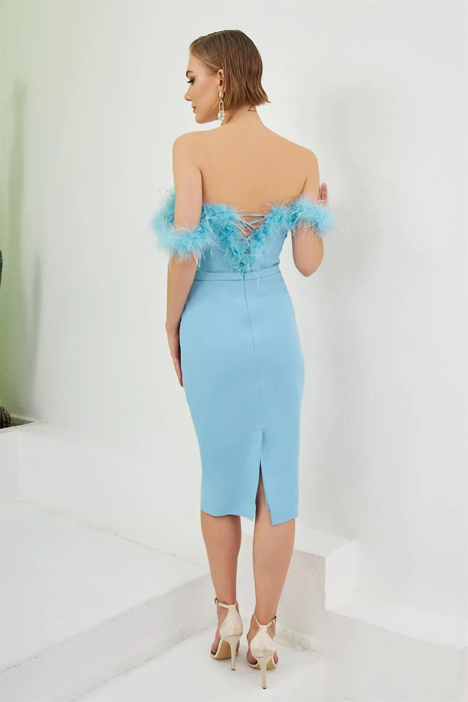 Blue Crepe Collar Feathered Midi Promise and Wedding Dress