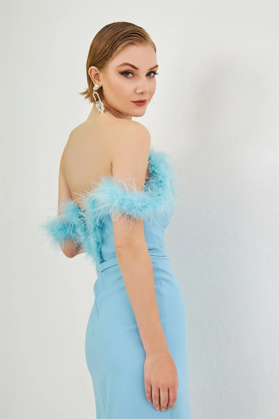 Blue Crepe Collar Feathered Midi Promise and Wedding Dress