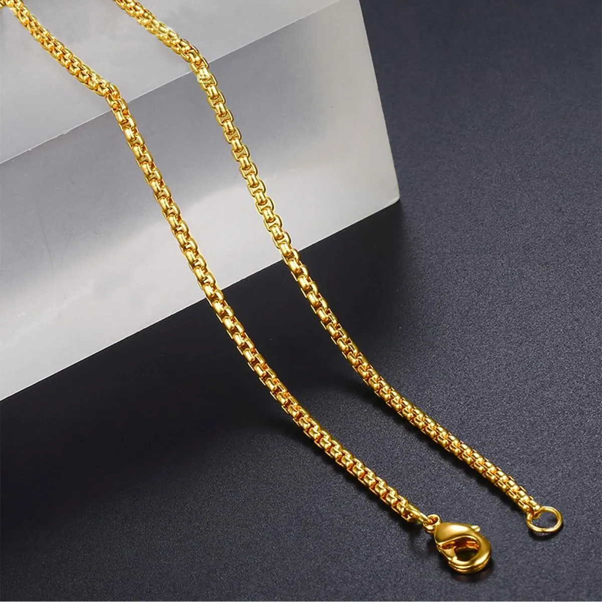 Box Link 22K Gold 316L Stainless Steel Necklace Chain 23" Men Women