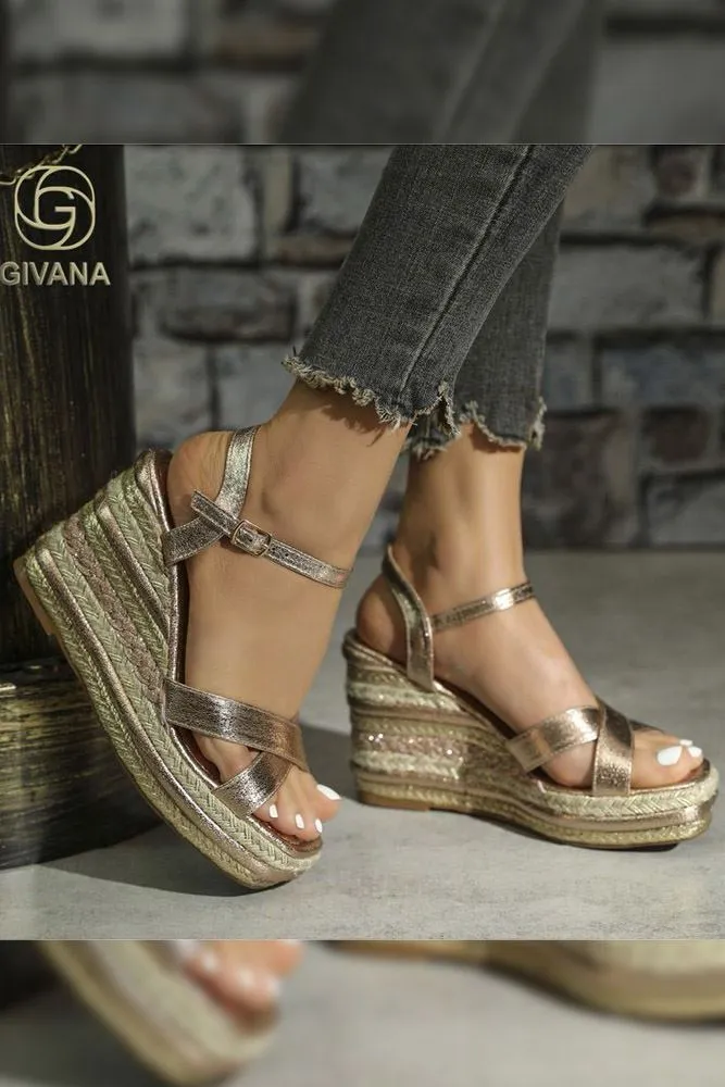 Cicely Foil Strap Embroidered Wedge Heel Sandal