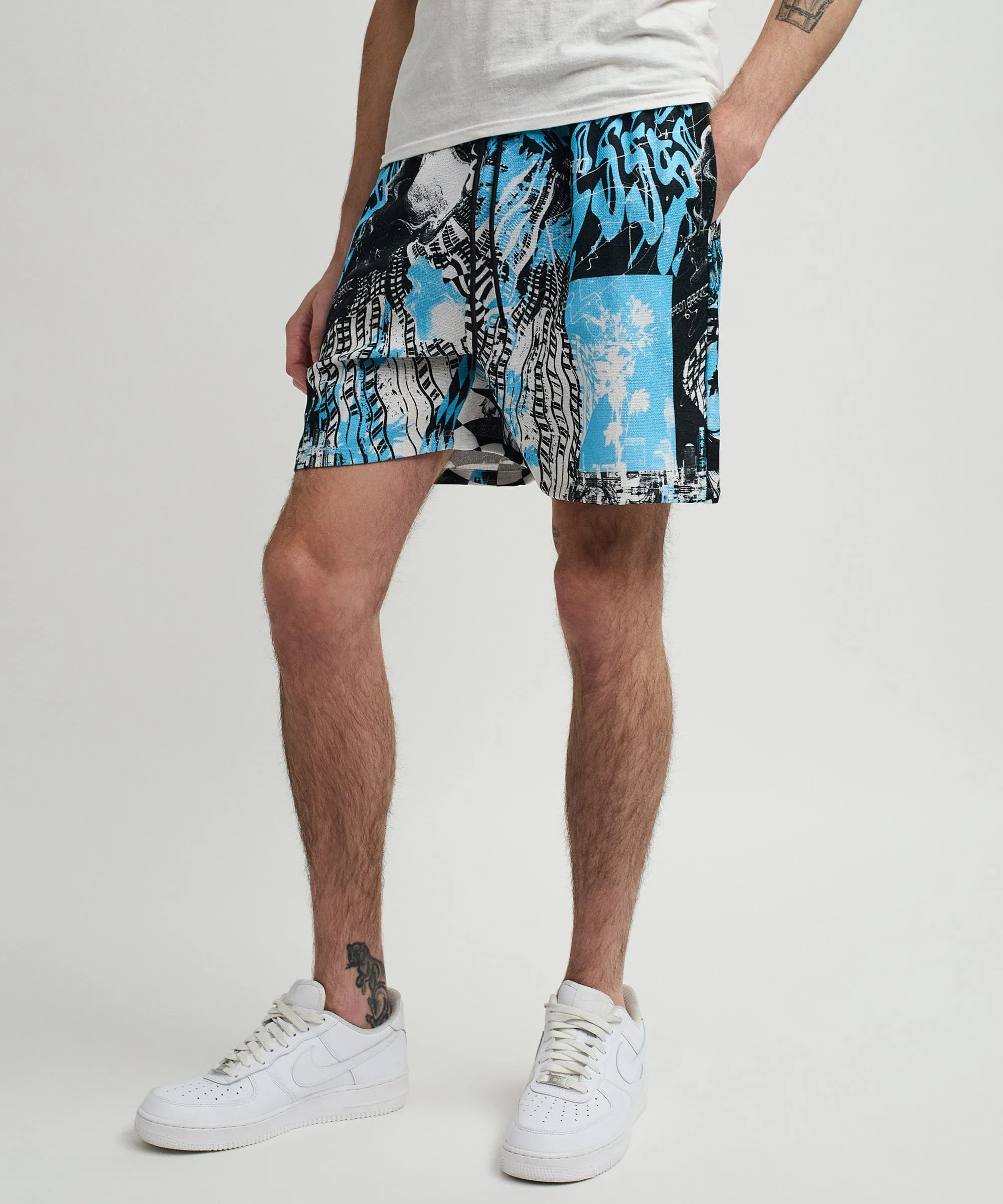 District Linen Texture Allover Print Shorts - Blue