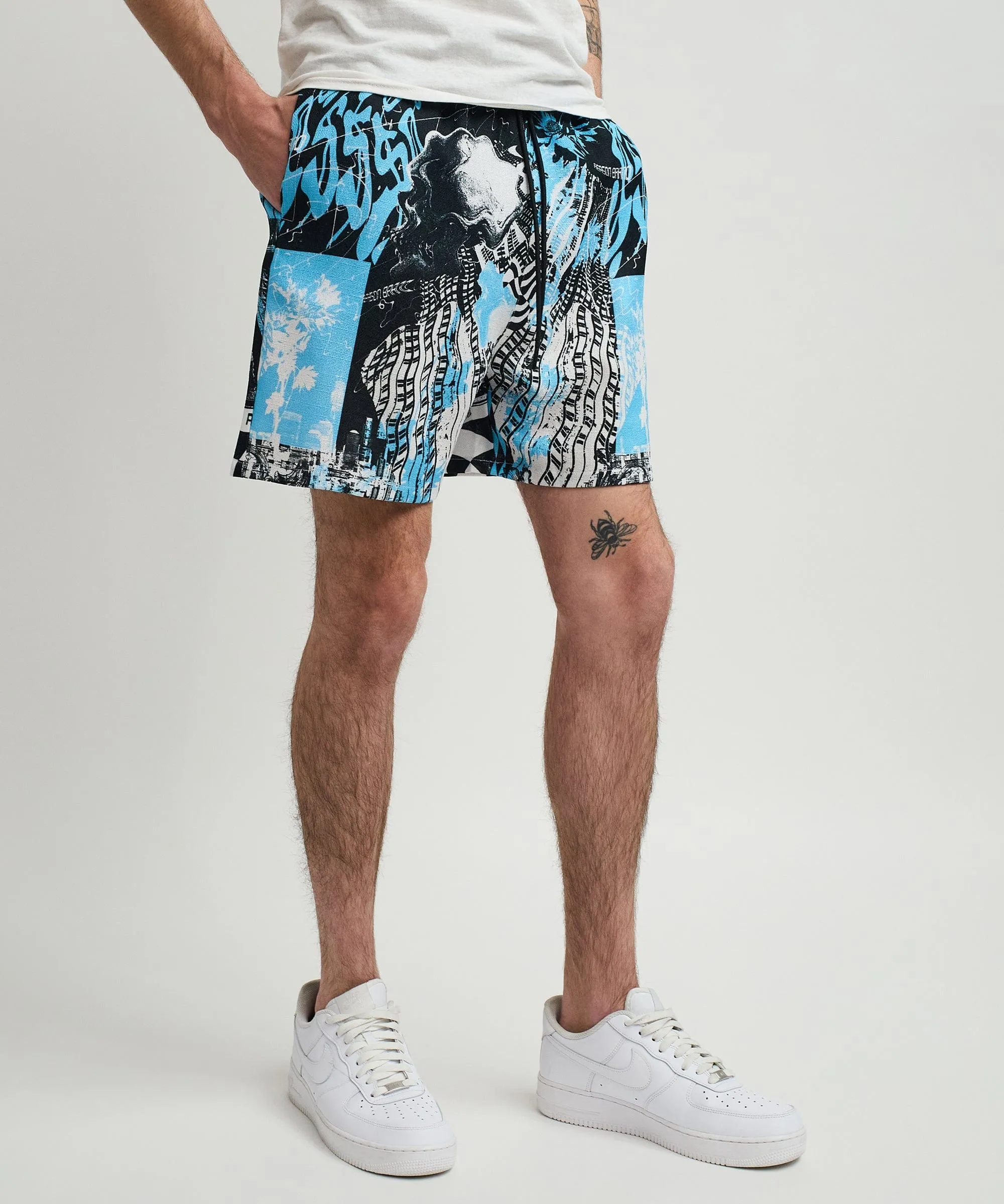 District Linen Texture Allover Print Shorts - Blue