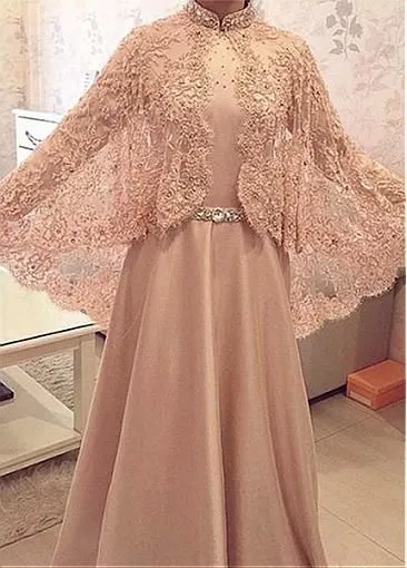 dusty pink lace prom dresses long high neck beaded elegant Dubai caftan prom gown vestido de Longo