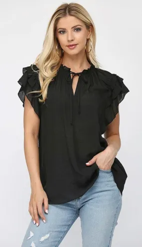 Ellie Layered Ruffle Sleeve Top Black