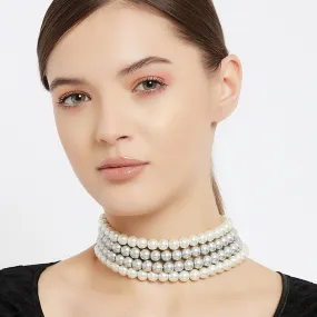 Estele - Dreamy White and Silver Grey Four Line Pearl Choker