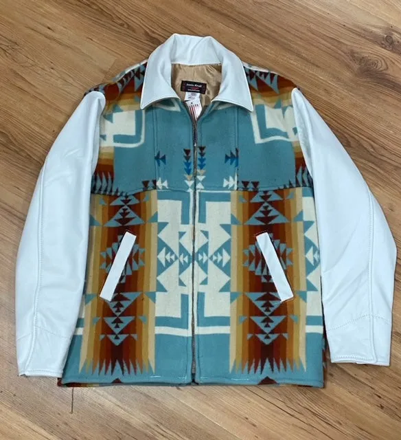 Kraffs Bomber Jacket, Chief Joseph Aqua, With White Leather Sleeves