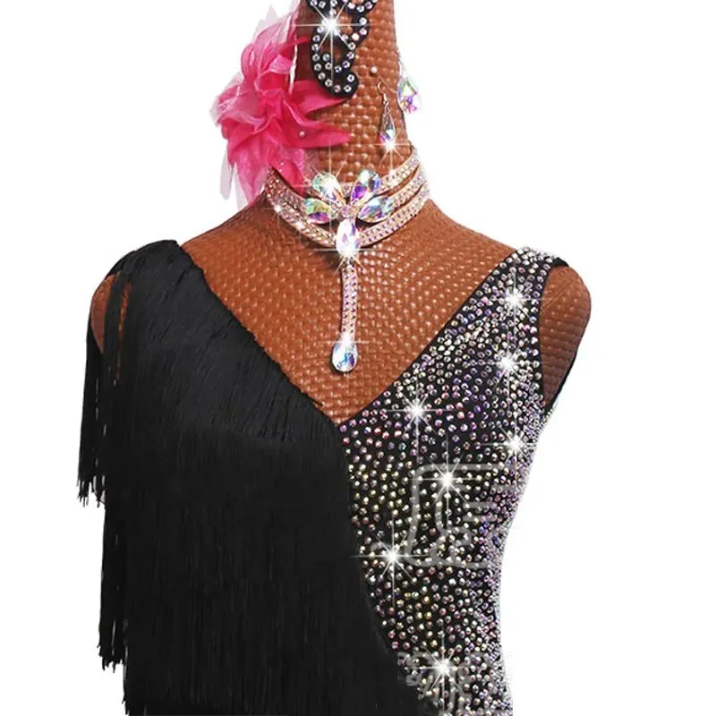 L539 Latin Rhinestone Dress- Black Fringe Dress -Competition- Salsa -Tango-Rhumba