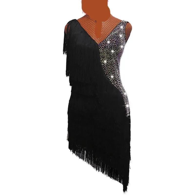 L539 Latin Rhinestone Dress- Black Fringe Dress -Competition- Salsa -Tango-Rhumba