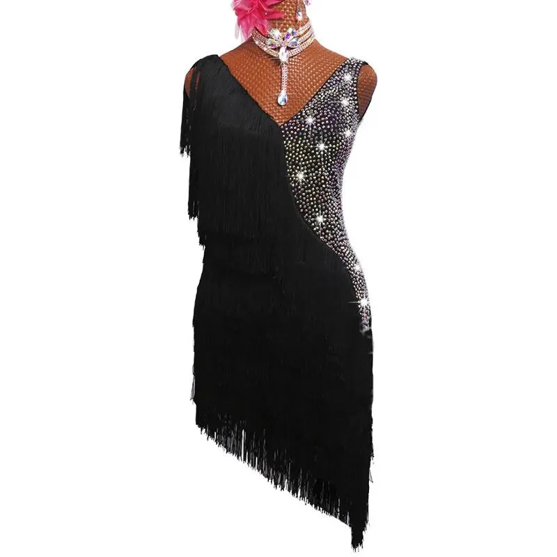 L539 Latin Rhinestone Dress- Black Fringe Dress -Competition- Salsa -Tango-Rhumba