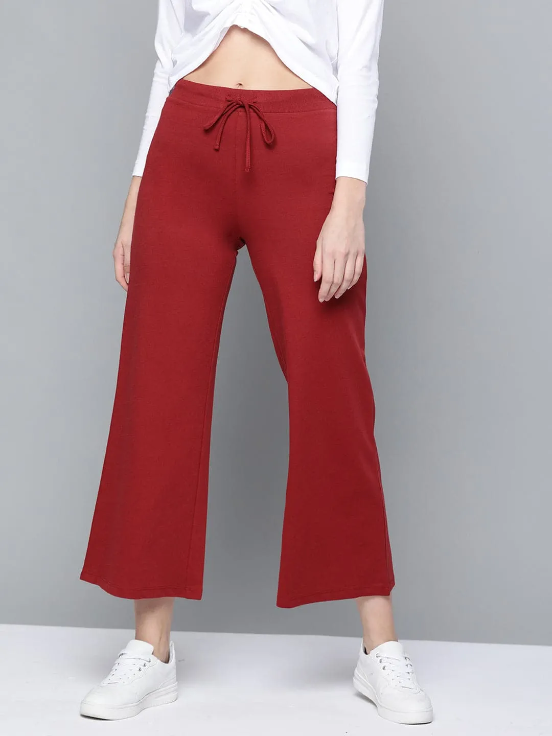 Maroon Terry Drawstring Wide Leg Pants