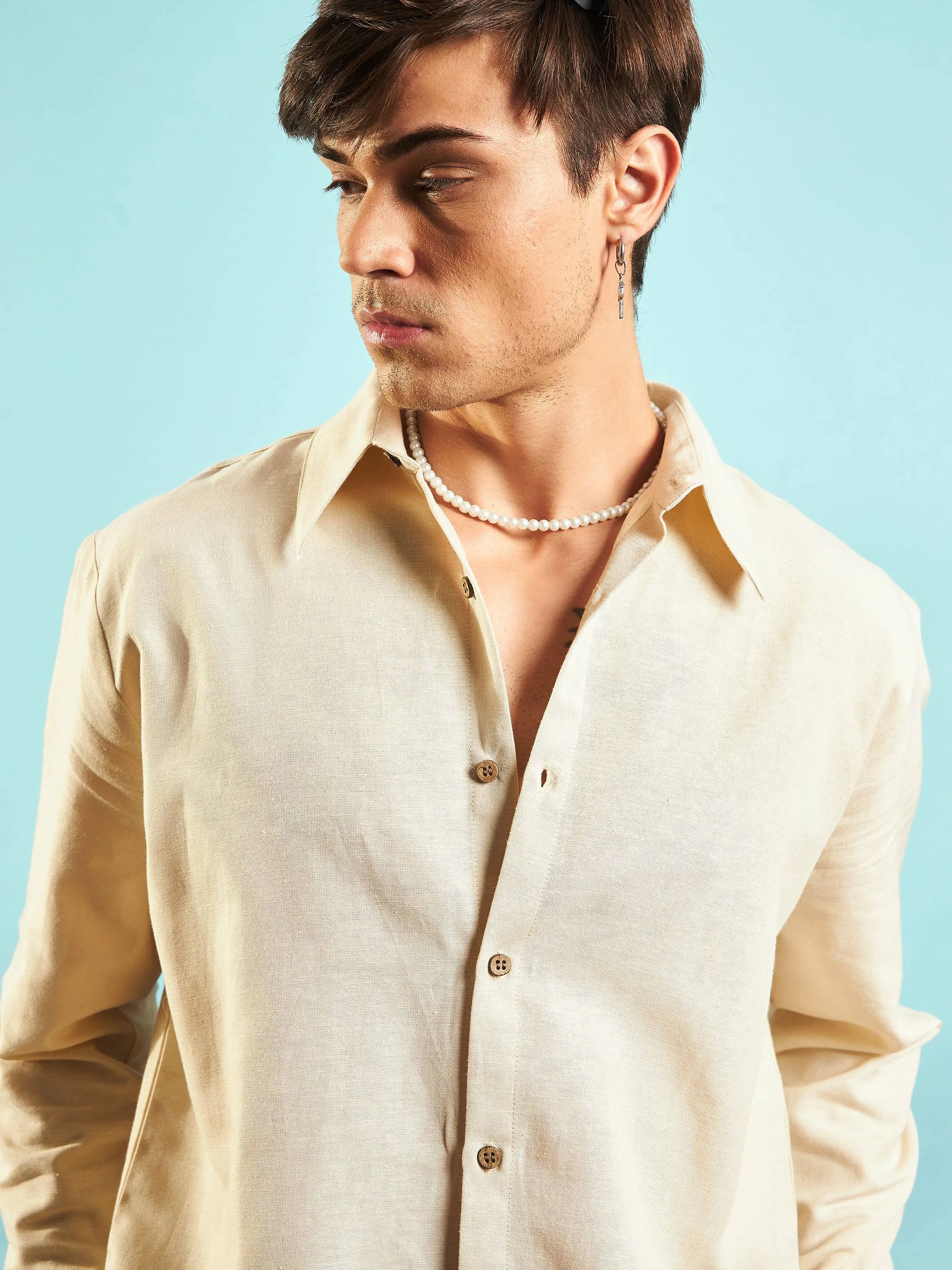 Men Beige Linen Flex Relax Fit Shirt