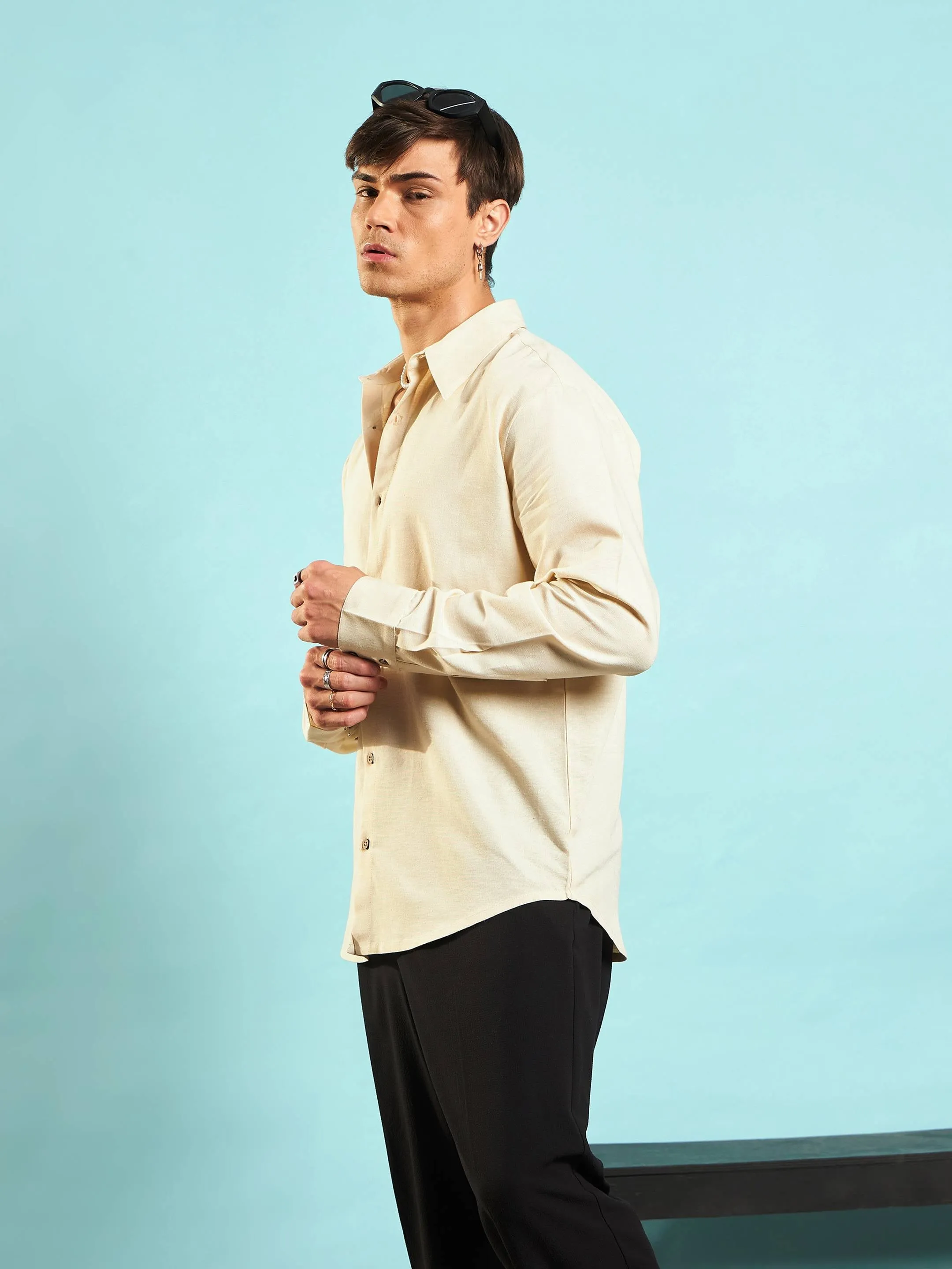 Men Beige Linen Flex Relax Fit Shirt