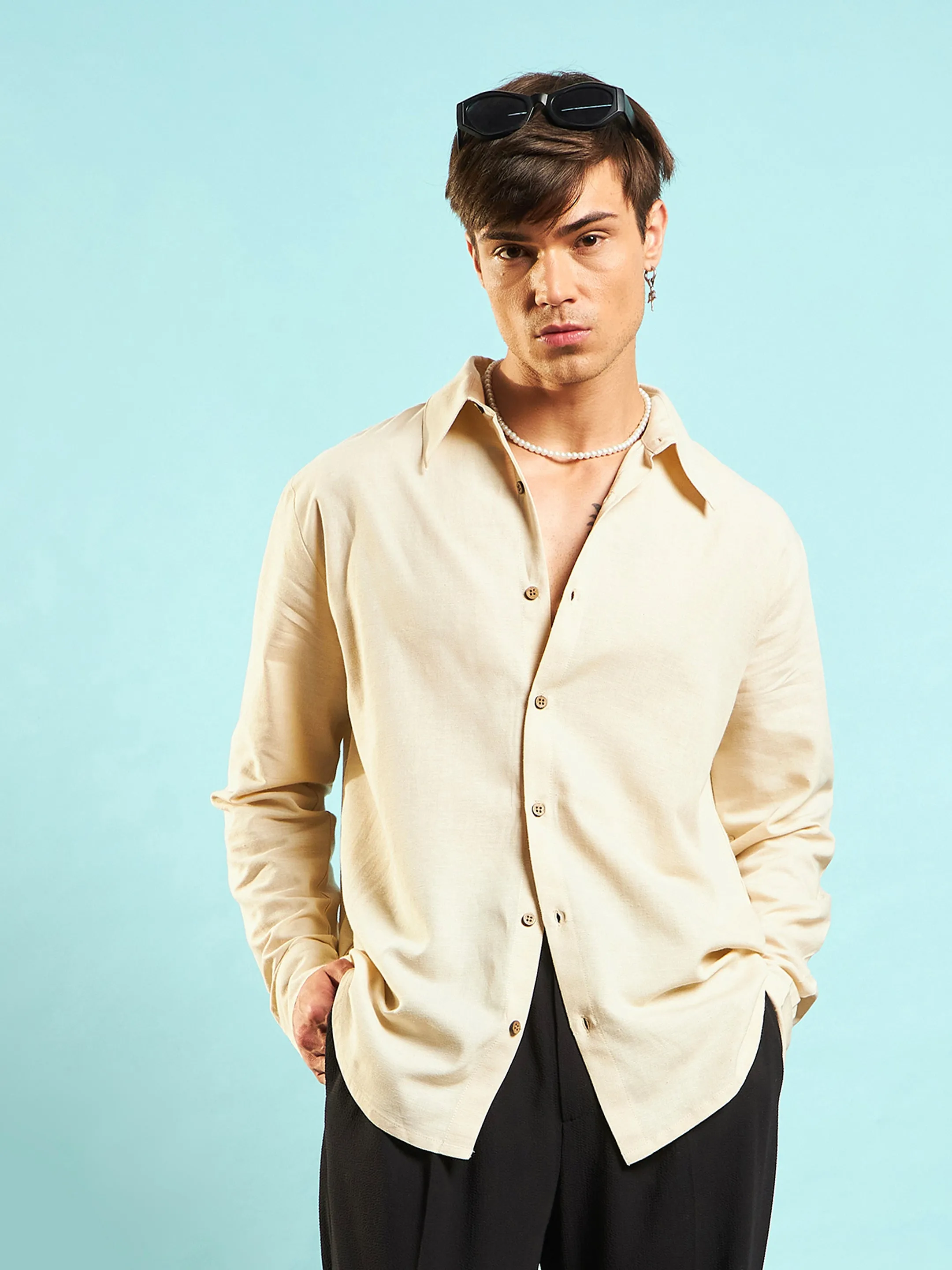 Men Beige Linen Flex Relax Fit Shirt