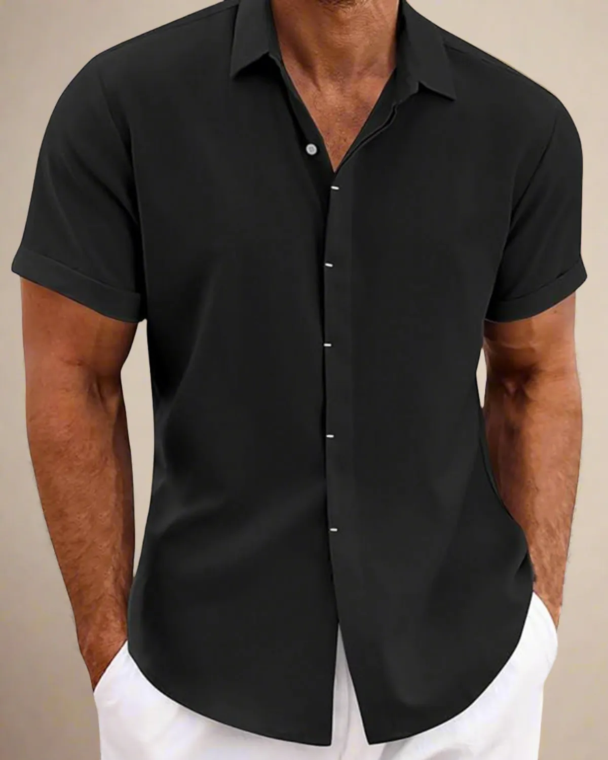 Men Black Short Sleeve Linen Shirt