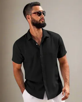 Men Black Short Sleeve Linen Shirt