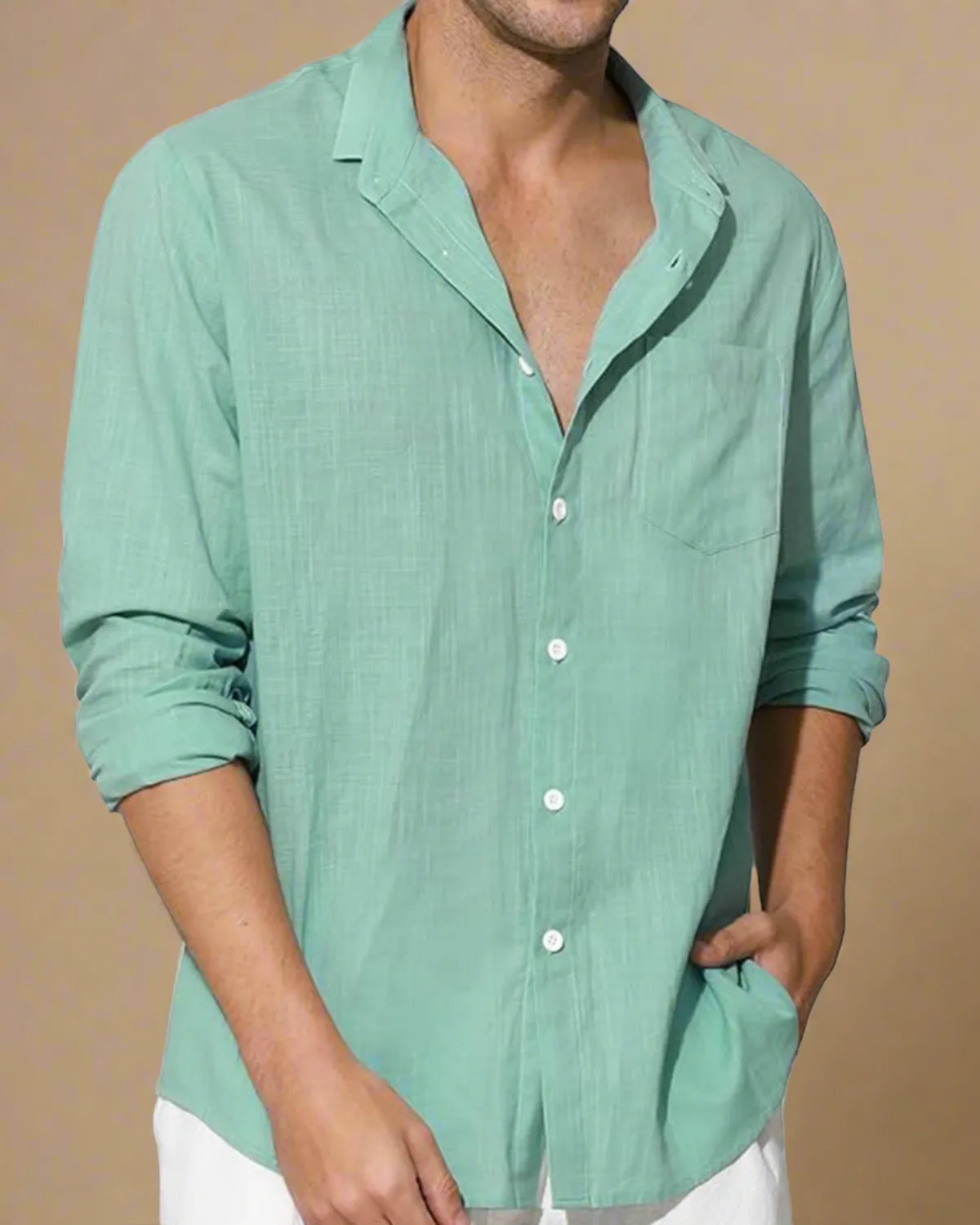 Men Long Sleeve Sage Green Linen Shirt