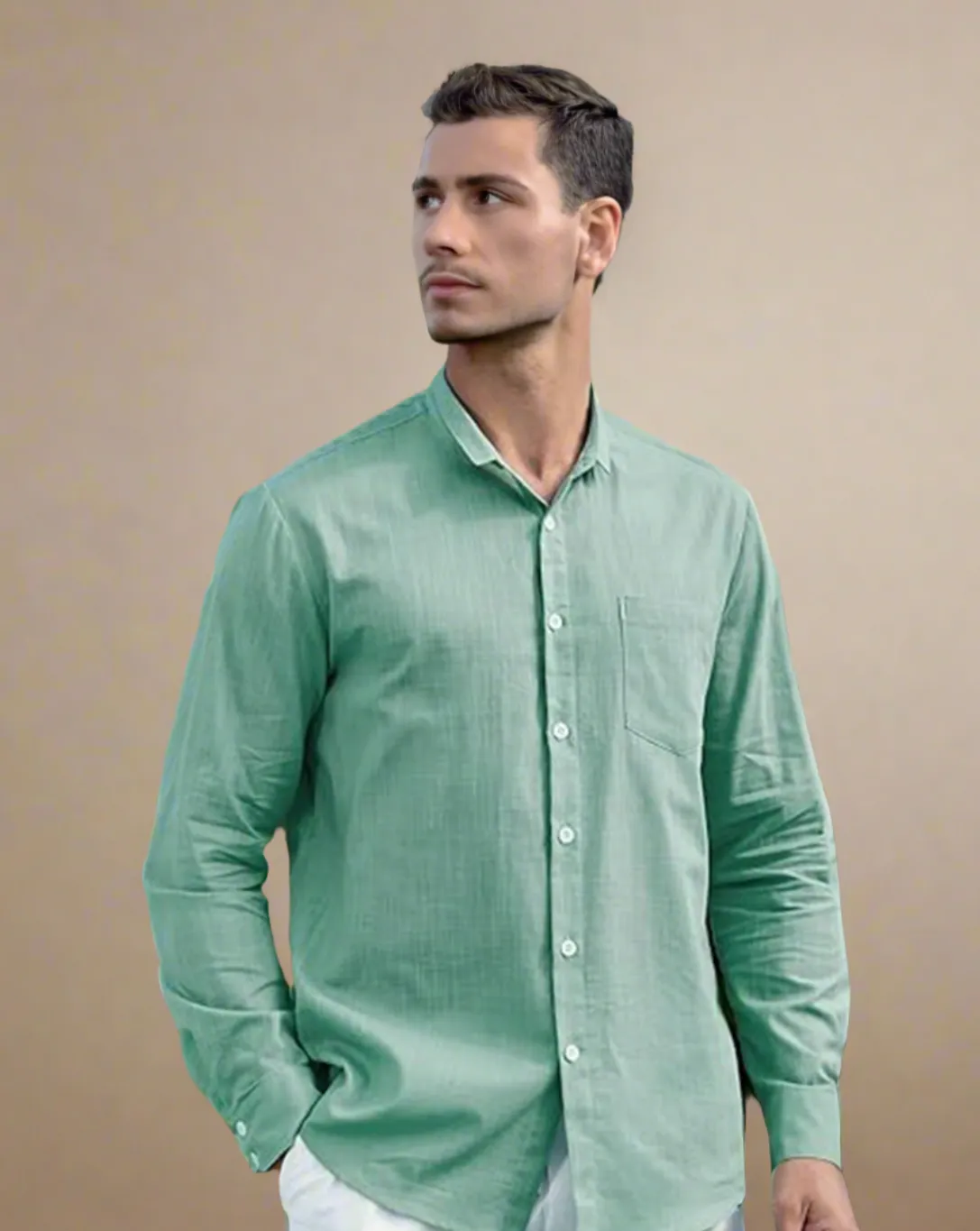 Men Long Sleeve Sage Green Linen Shirt