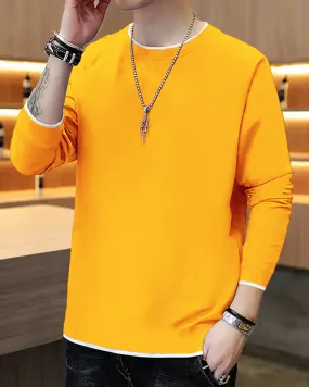 Men Plain Yellow White Piping Full Hand T-shirt