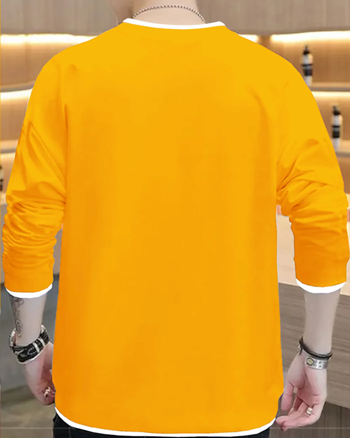 Men Plain Yellow White Piping Full Hand T-shirt