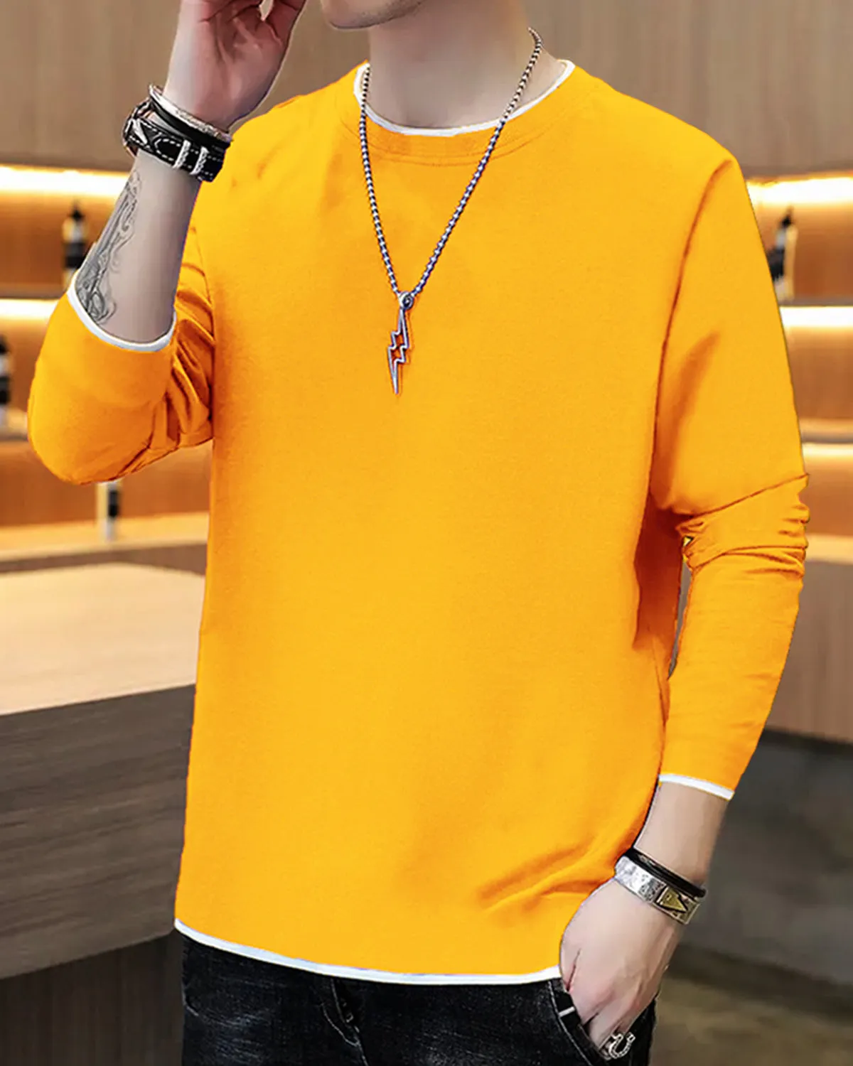 Men Plain Yellow White Piping Full Hand T-shirt