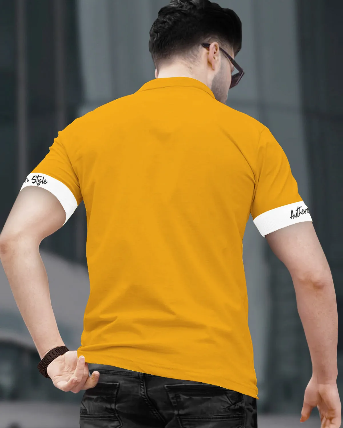 Men Polo Collar Yellow White Contrast T-shirt