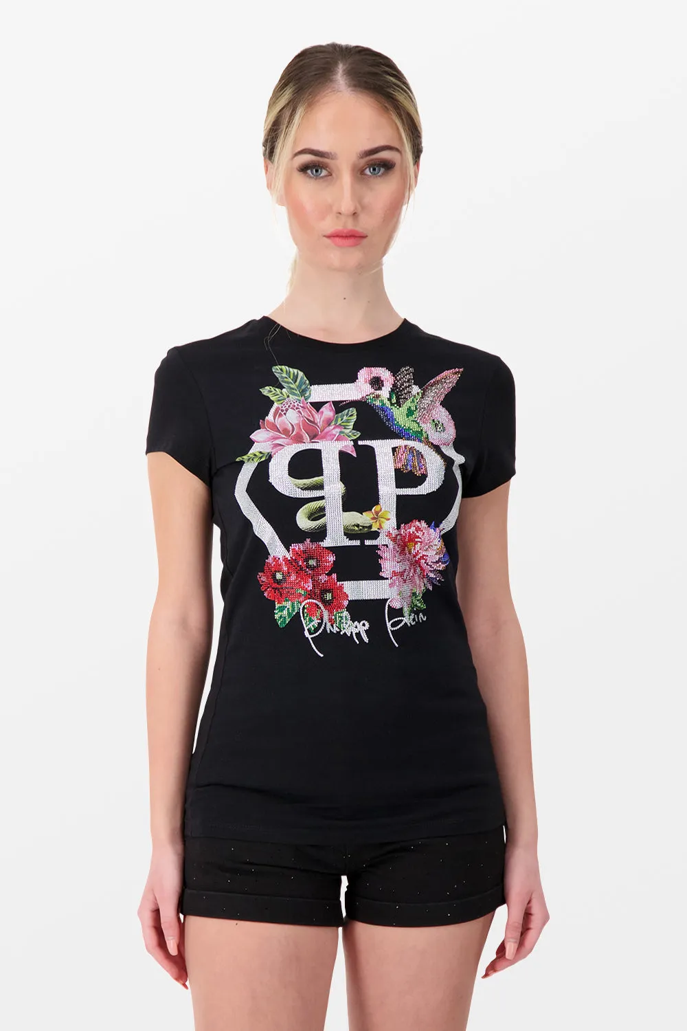 Philipp Plein Black Round Neck SS Flowers 2 T-Shirt