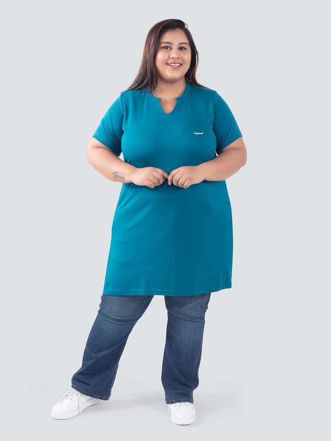 Plus Size Half Sleeves Long Top For Women -Teal Blue