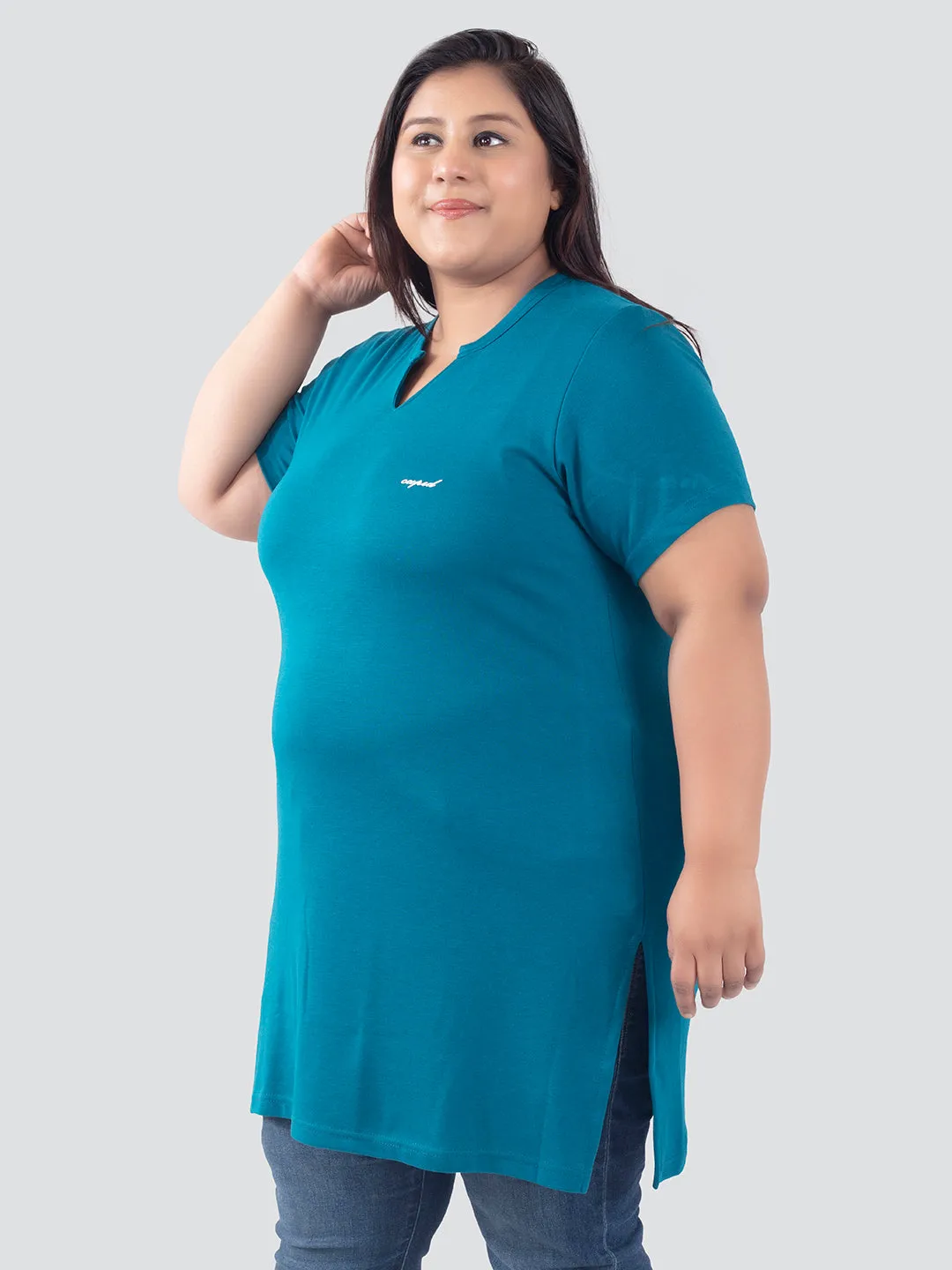 Plus Size Half Sleeves Long Top For Women -Teal Blue