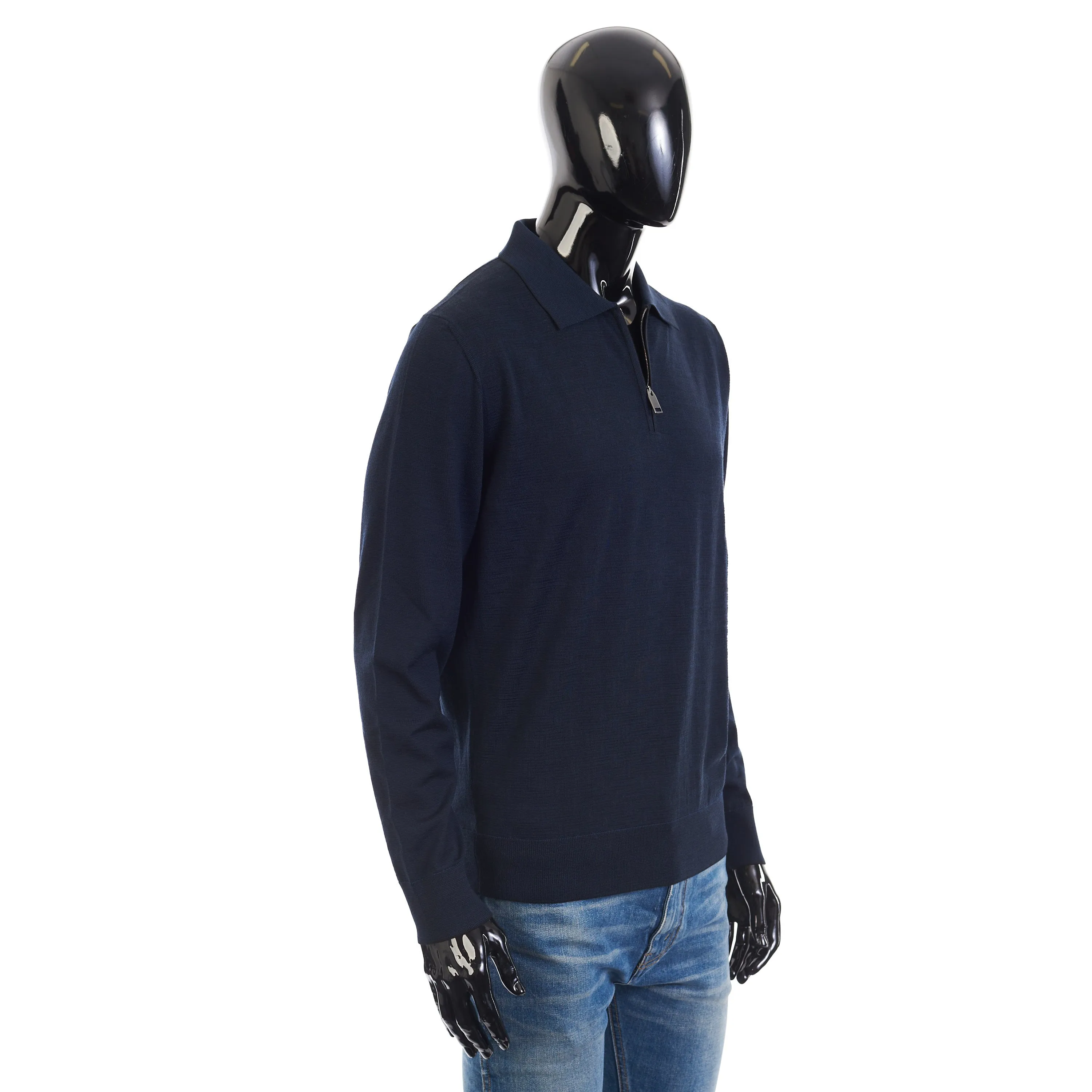 Polo Sweater With Metal Zip In Blue Wool