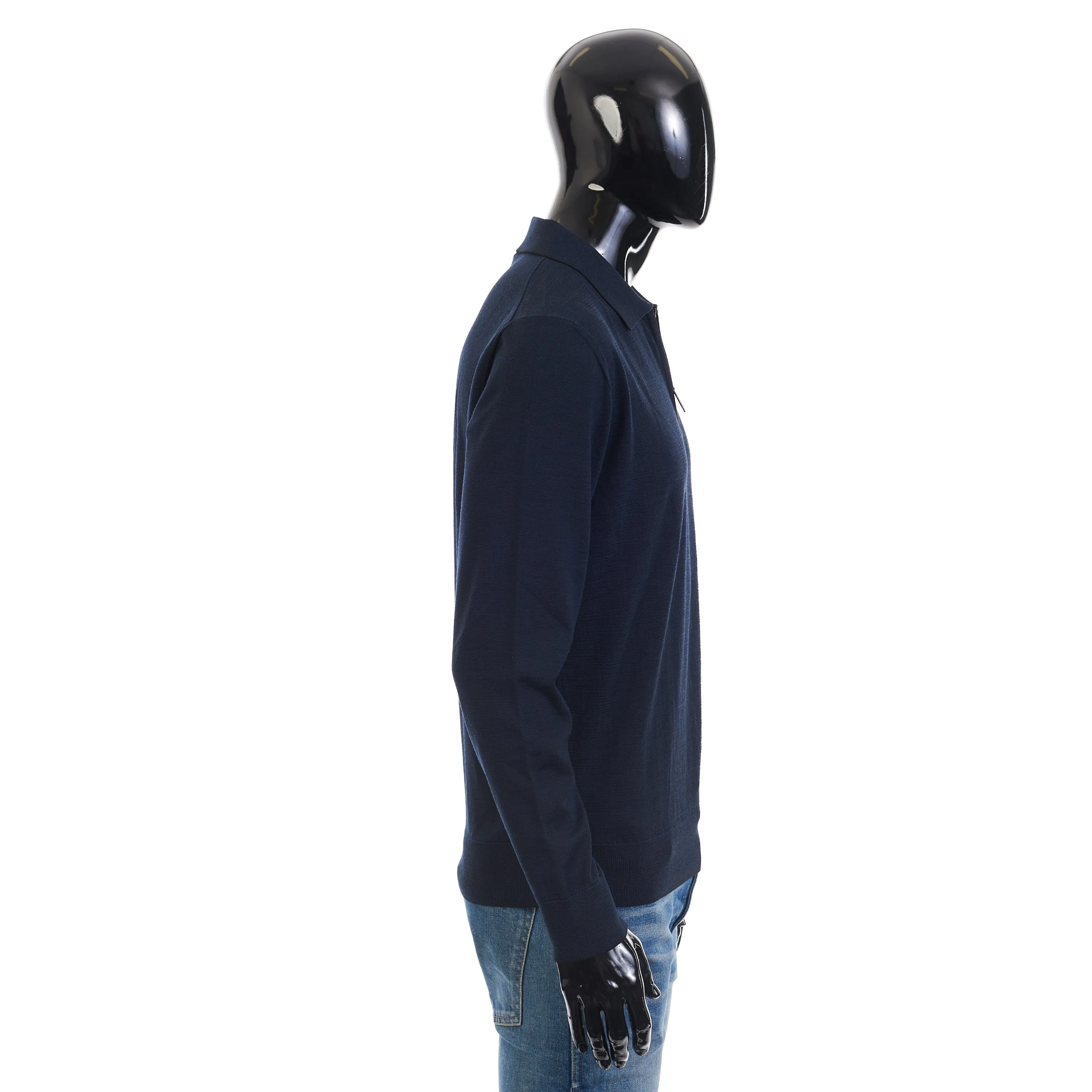 Polo Sweater With Metal Zip In Blue Wool